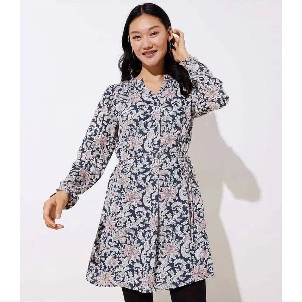 Anne Taylor LOFT‎ M Womens Navy Coastal Gray Vine Ruffle Boho Dress Petite